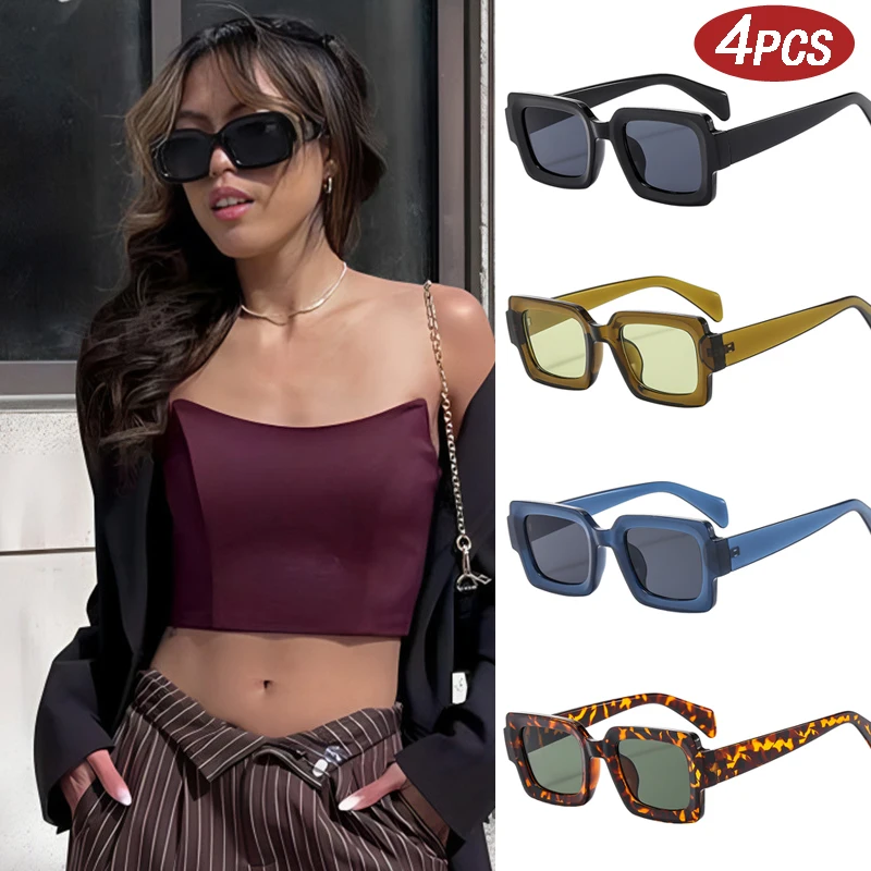 

4pcs Vintage Square Punk Sunglasses 2024 Fashion Simple Outdoor Sun Protection Sun Glasses Blue Light Protection Eyrglasses