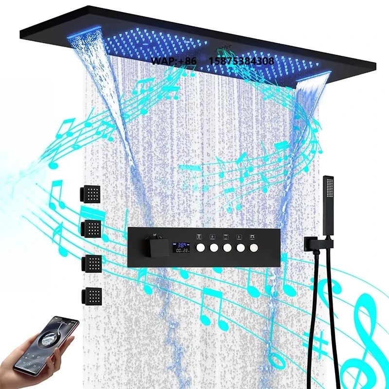Ceiling Rain Shower Matte Black Modern LED Music Shower Set 36*12inch  Bathroom Thermostatic Digital Smart Mixed System