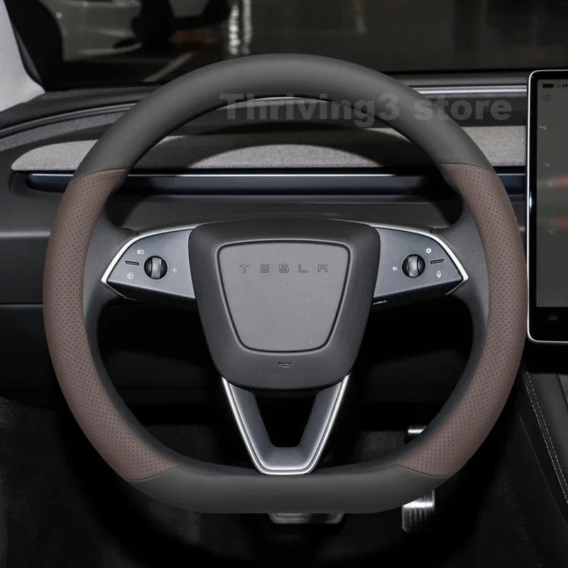 36,5 cm Luxuriöser Zweifarbiger Leder-Lenkradbezug für Tesla Model 3 / Model 3 Highland Tesla Model Y Autozubehör – Detail 3