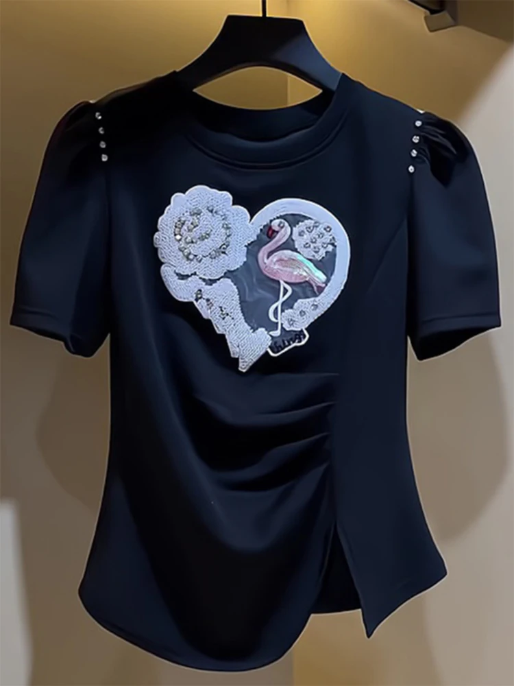 

Bla Embroidered ort Sve T-irt Women's Summer New Design Slimming Waist round Ne Cotton Blend Stretchy Top