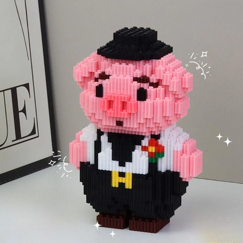 Paar Roze Varken Trouwjurk Bouwstenen Speelgoed DIY Gift Kleine Deeltje Puzzel Bouwstenen 6-12 Jaar oude Kinderspeelgoed