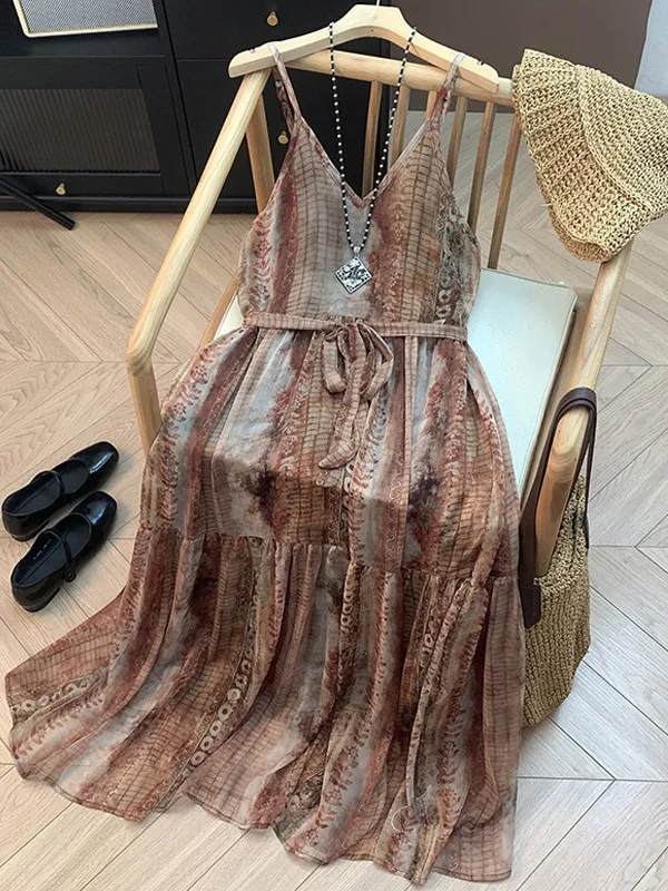Korean Japanese High-End Strap Dress Women's plus Size Summer Artistic Style Fashion Abstract Dyed Long Dress V-Neck Sleeveless