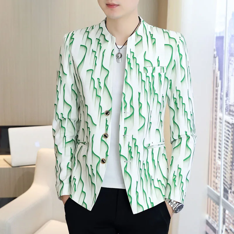 

Мужской повседневный костюм с принтом, приталенный пиджак с воротником-стойкой, модный корейский стиль, с длинными рукавами, повседневная одежда в западном стиле