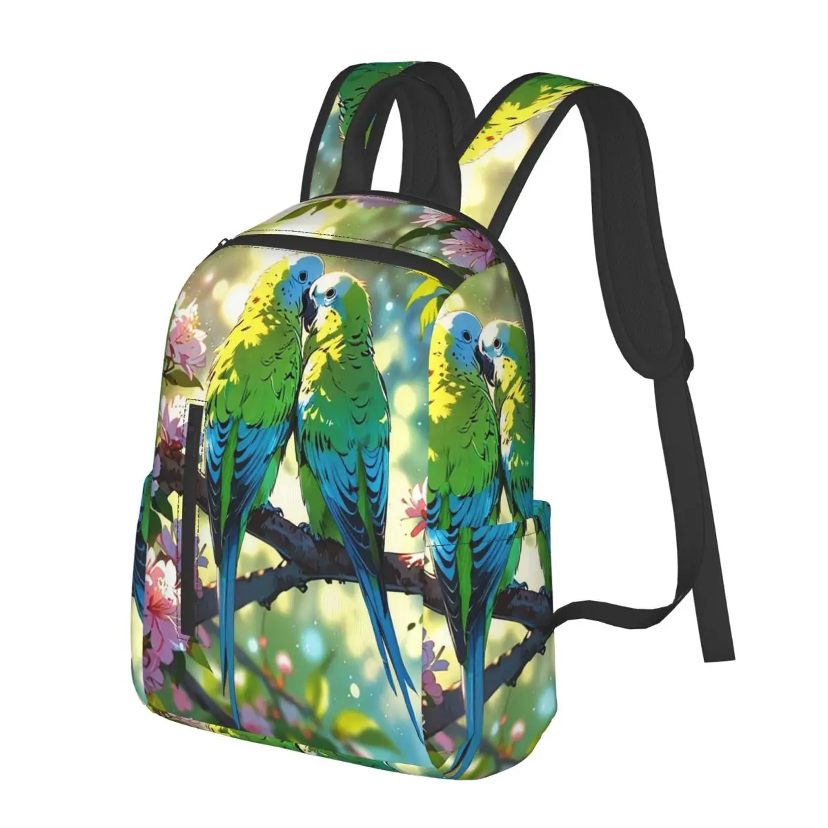 Two Green Parrots Birds And Blooms Flowers Student Backpack School Bag Hiking Travel Daypack for Men Women Bookbag Shoulder Bags