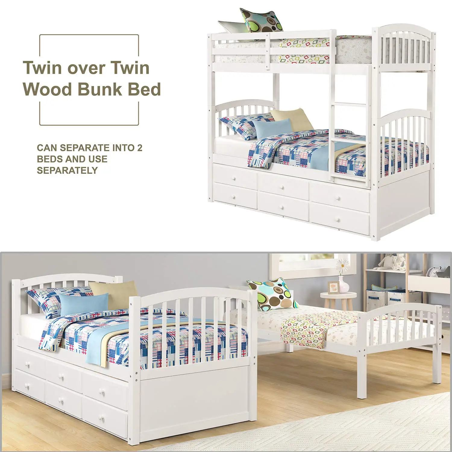 Twin Over Twin Bunk Bed with Trundle & 3 Drawers, Safety Rail, Removable Ladder, Separable into 3 Beds, White, Customized image 5
