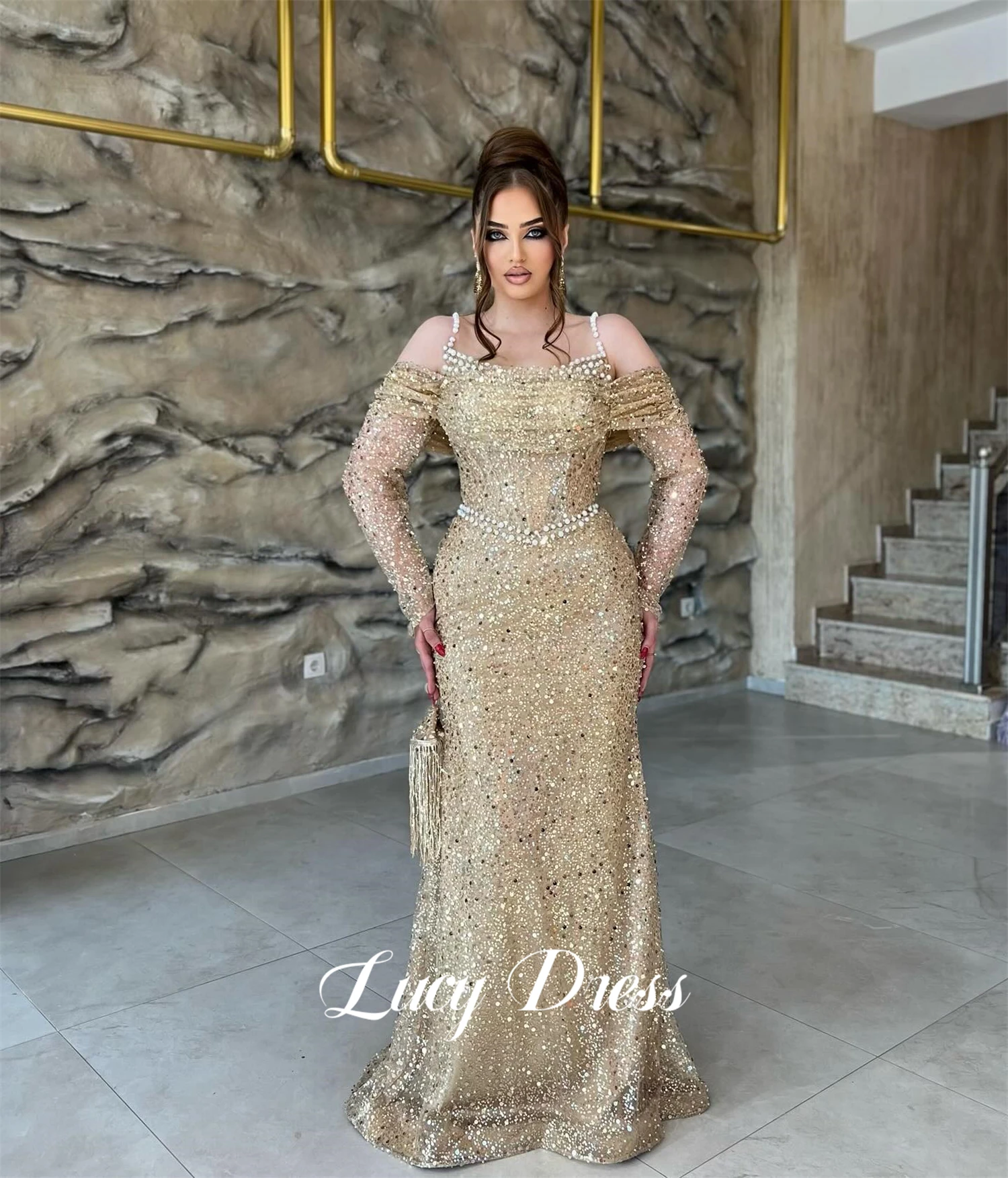 

Lucy Champagne Customized Evening Dress Beaded Decoration Fishtail Cut Bead Embroidery Fabric Luxurious Party robes de soirée