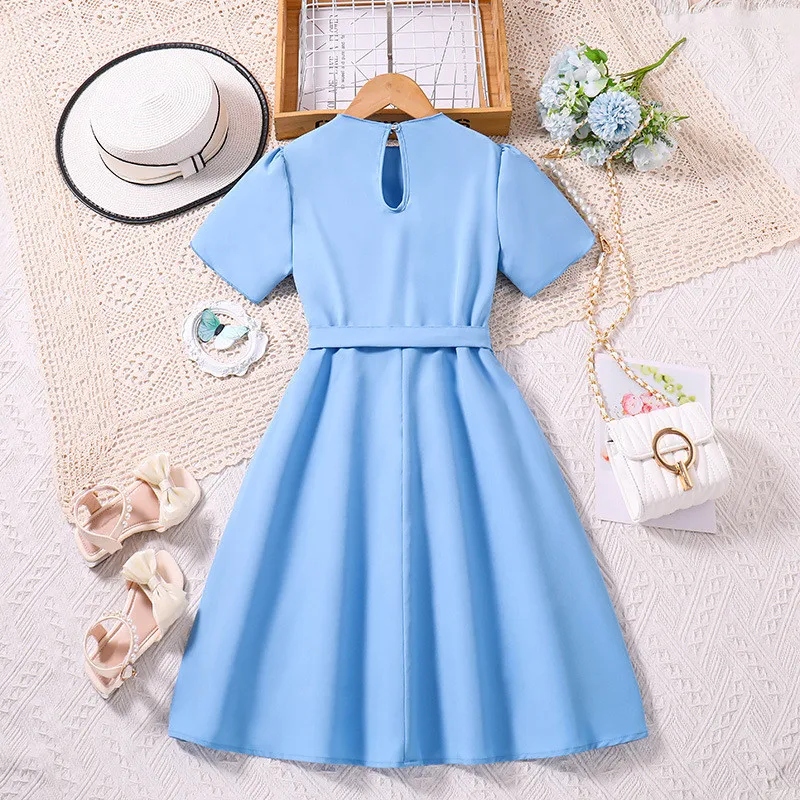 Toddler Girls Short Sleeve Long Dress 2025 Summer New Solid Color Pleated Dress Elegant Belted Dresses For Girls 7 9 10 12 Years