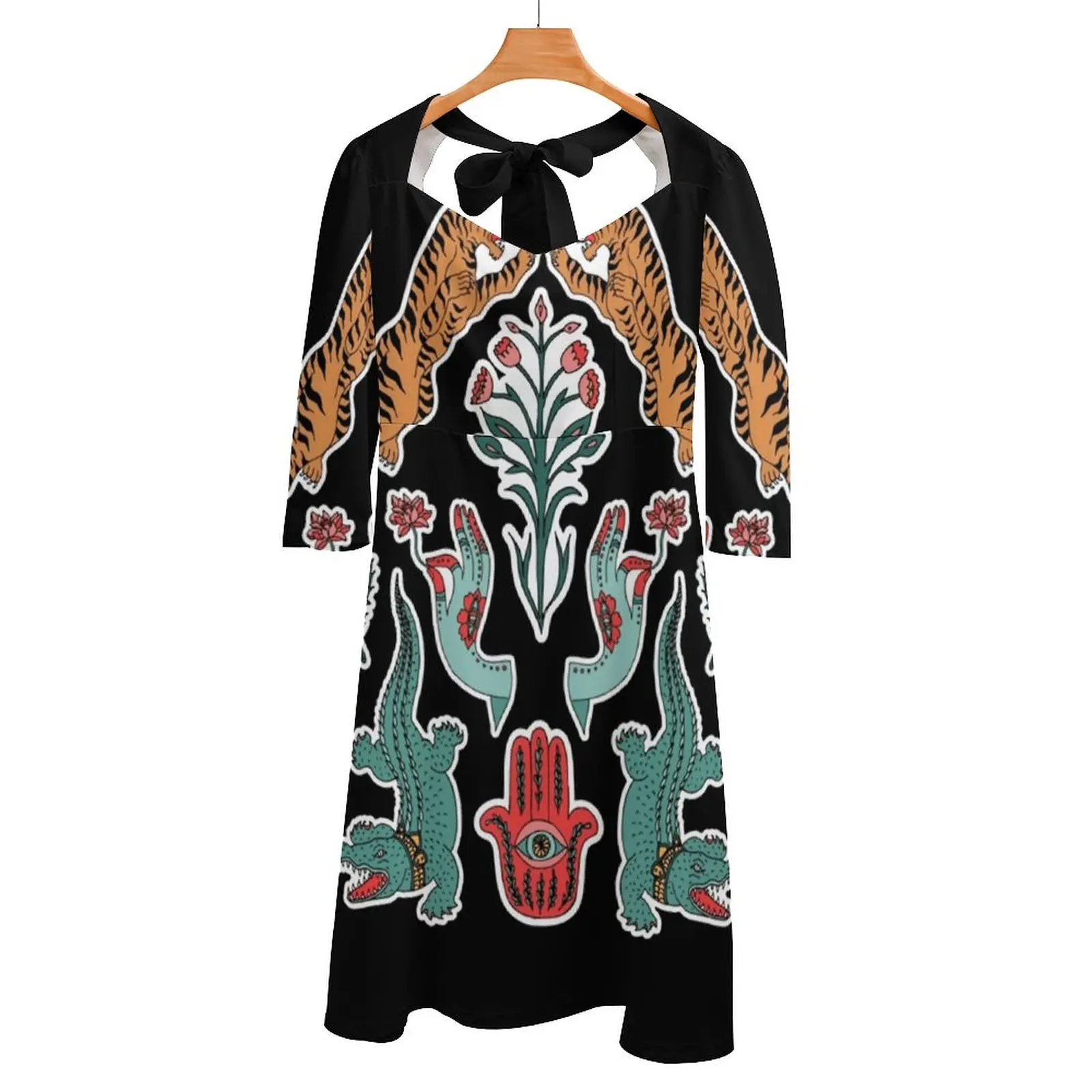 Indian Inspiration Square Neck Dress Summer Dress Women Elegant Halter Print Dress Indian Tiger Boho India Alligator Ethnic