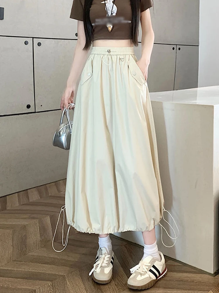 Zoki Y2K Women Cargo Long Skirts Vintage Loose High Waist Streetwear Skirt Retro Casual American Shirring Solid A Line Skirt New