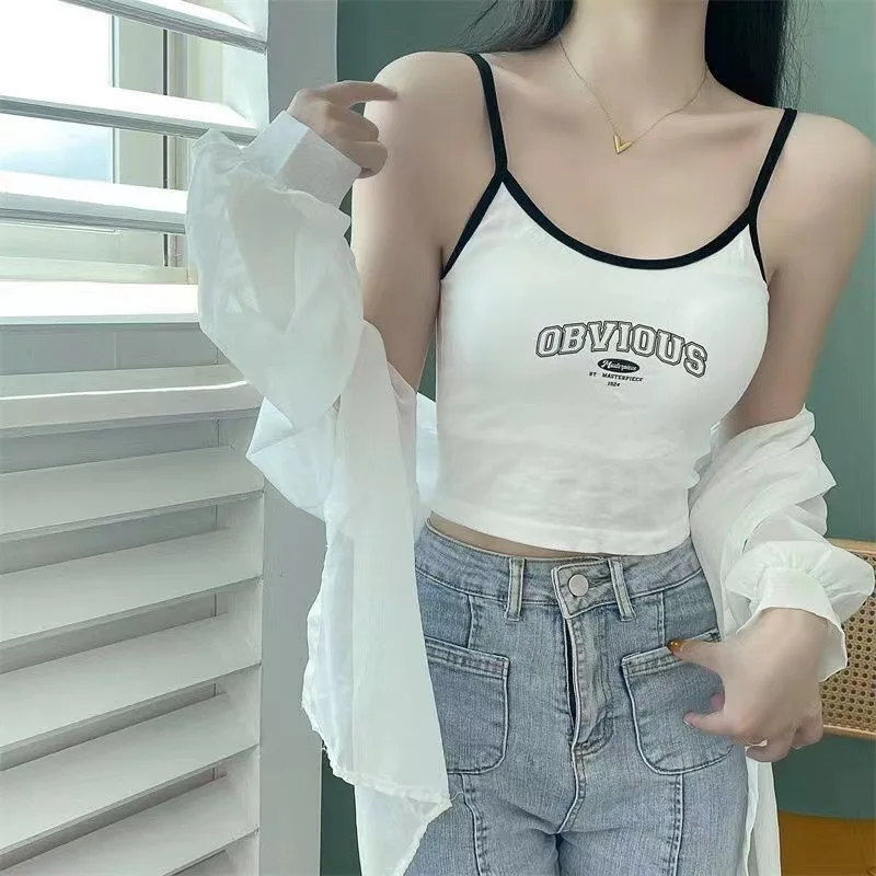 2024 Summer Letter Printing Tops Spaghetti Camisole Women With Padded Bra Crop Tops O-Neck Solid Crop Tops Sports Short Vest 1PC