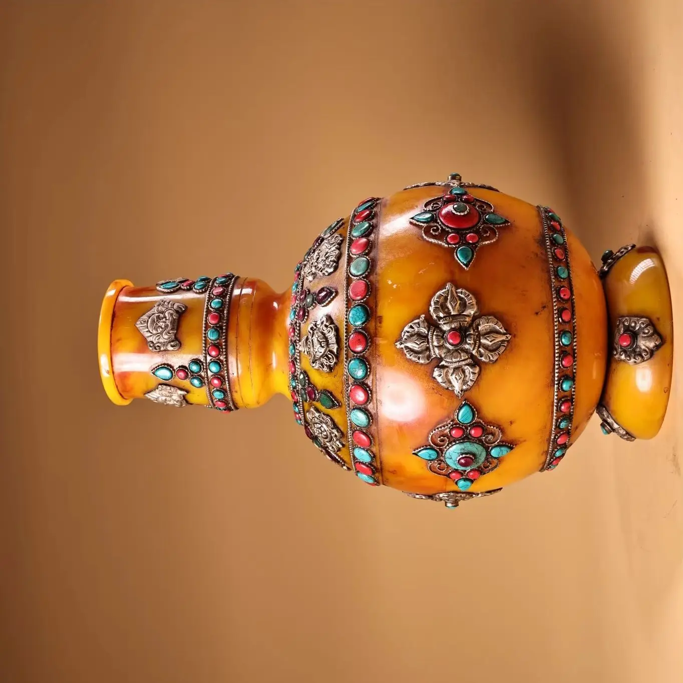

12"Tibetan Temple Collection Old Beeswax Tibetan Silver Auspicious Eight Treasures Bottle Vase Amulet Washing Bowl Town house