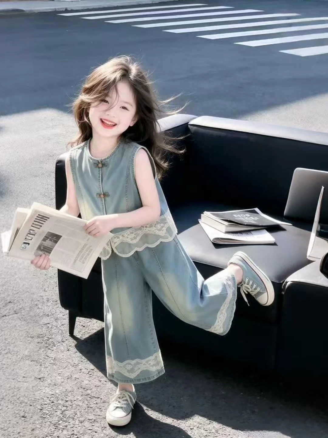 summer-new-style-girls'-denim-vest-wide-leg-pants-set-sleeveless-two-piece-suit-casual-comfortable-breathable-children's-wear