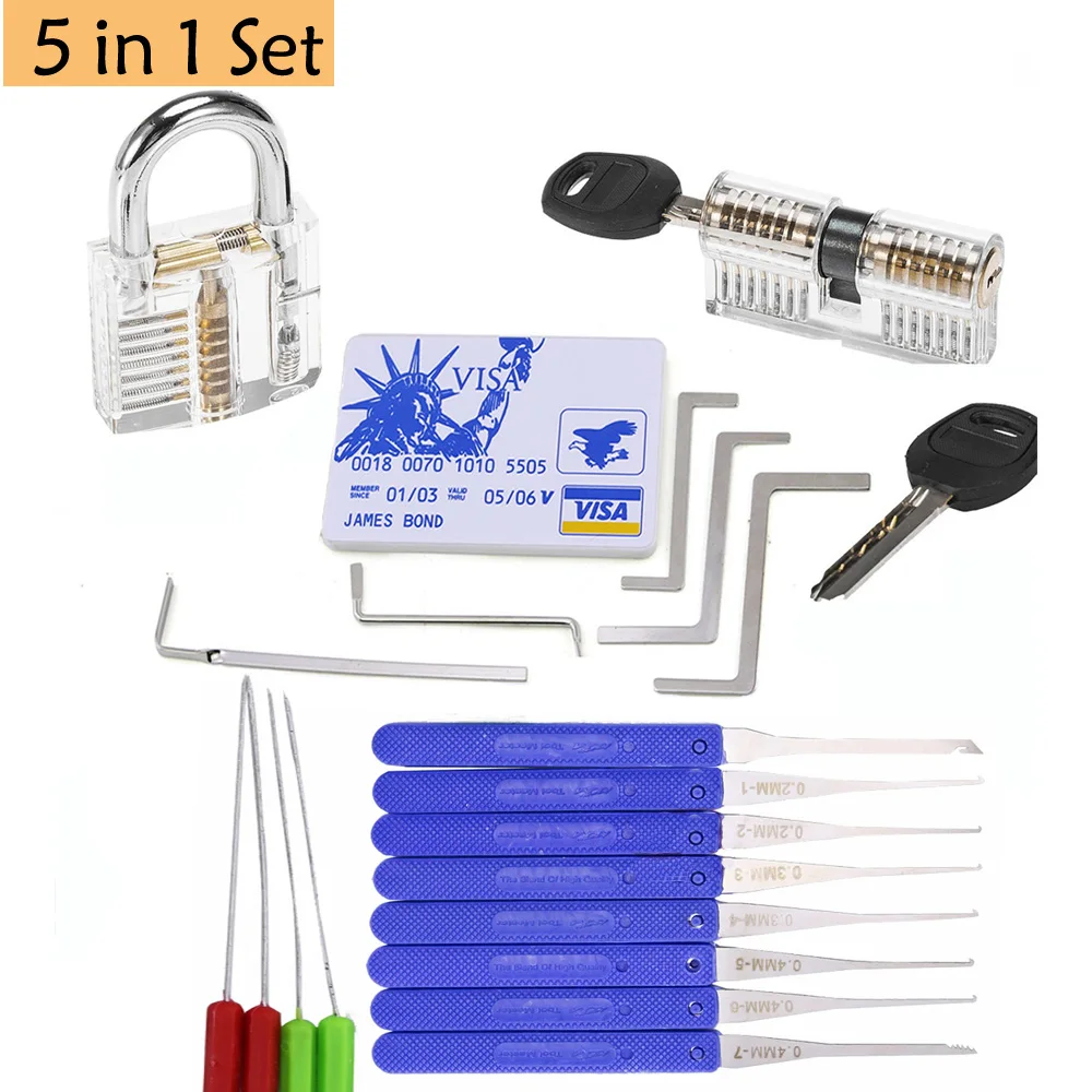 5 IN 1 Locksmith Pick Training Kit with 2pcs Transparent Locks,Broken Key Remover and Tension Wrench Tool