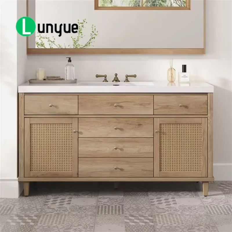 60 Inch Bathroom Vanity with SMC Sink Modern Large Storage Cabinet Soft Close Drawers Rattan Doors for Home Bathroom