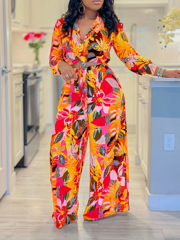 

Sister Star Women's Fashion Casual Digital Printing Lapel Tie Shirt Wide Leg Pants Temperament Commuter Two-piece Set