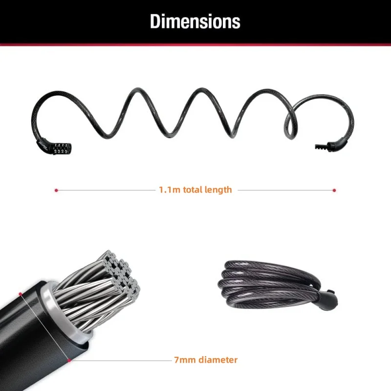 1100*7MM Bike Lock Cable Combination Bicycle Lock Cable Lock with Four-digit Combination Lock for Cycling Outdoor Equipment