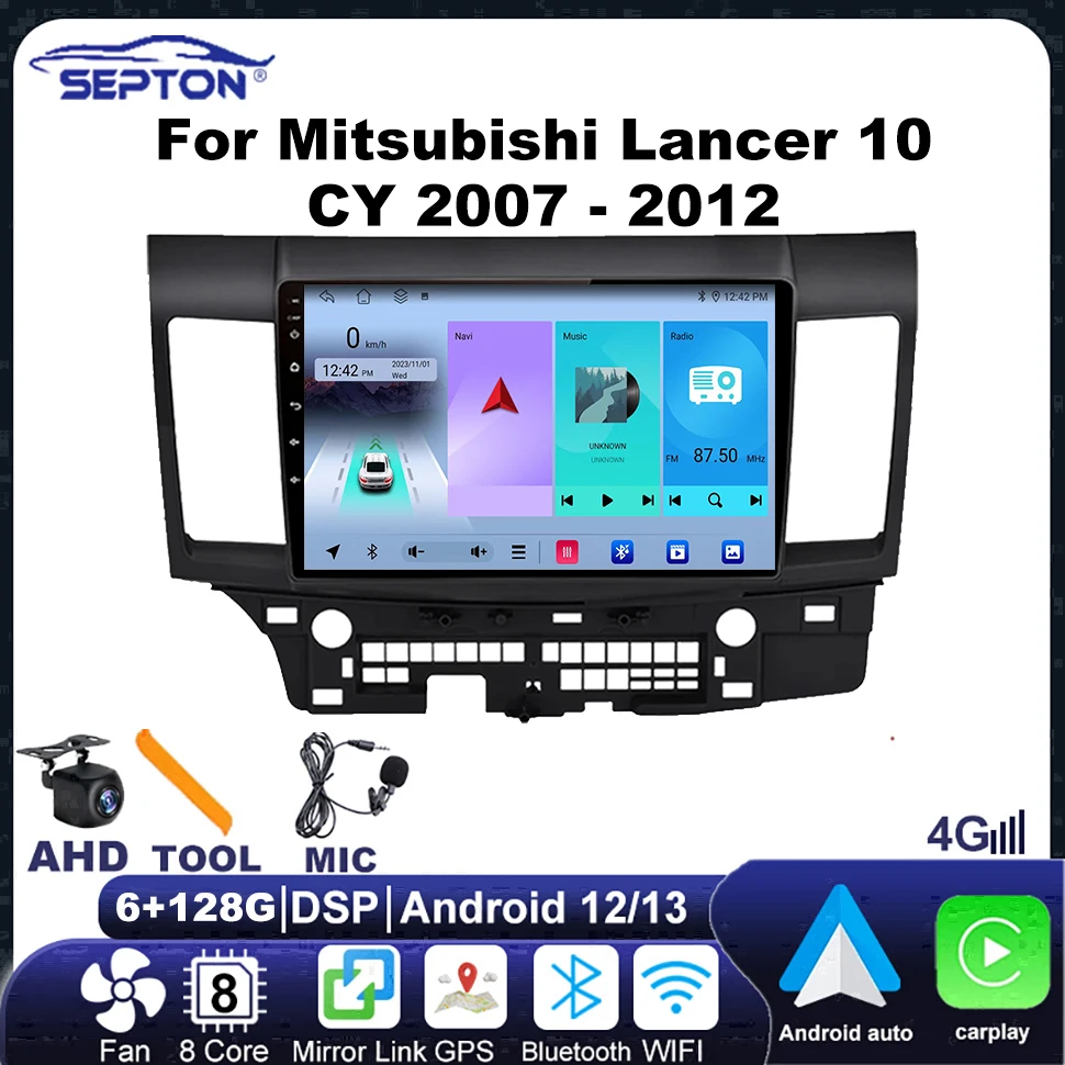 SEPTON Android Auto Radio Wireless Multimedia Video Player CarPlay for Mitsubishi Lancer 10 CY 2007-2012 Carplay 4G BT 4G 64G