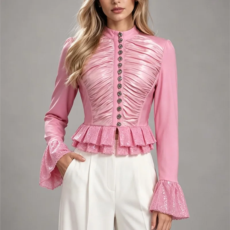 EDGLuLu 2026 Autumn New Fashion Round Neck Single Breasted Pink Suit Jacket Woman Bell Sleeve Splicing Sequins Short Coat 0923