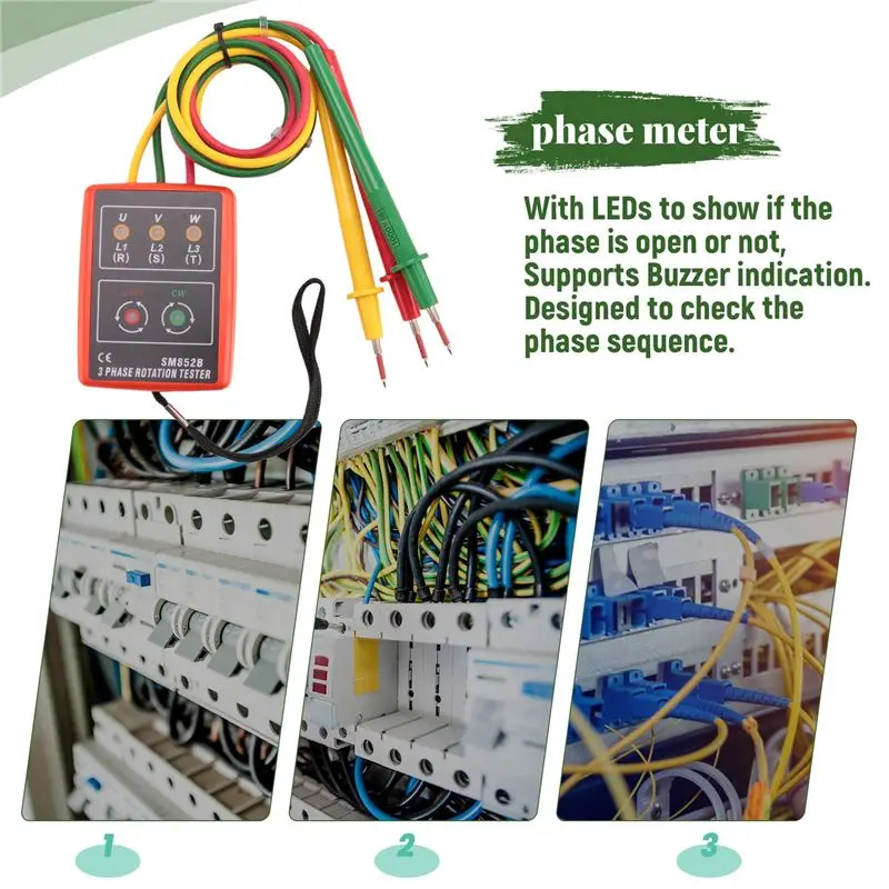 A23E-New 3 Phase Sequence Rotation Tester Indicator Meter LED Buzzer With Portable Pouch TD-LED02