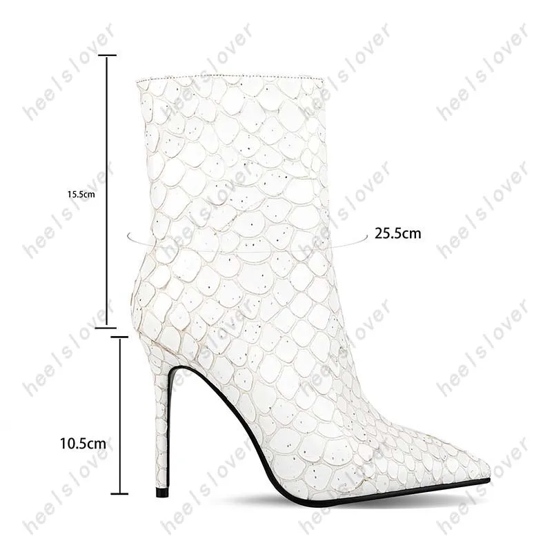 Ahhlsion High Quality Women Winter Ankle Boots Fish Scale Sexy Stiletto Heels Pointed Toe White Party Shoes US Plus Size 5-13