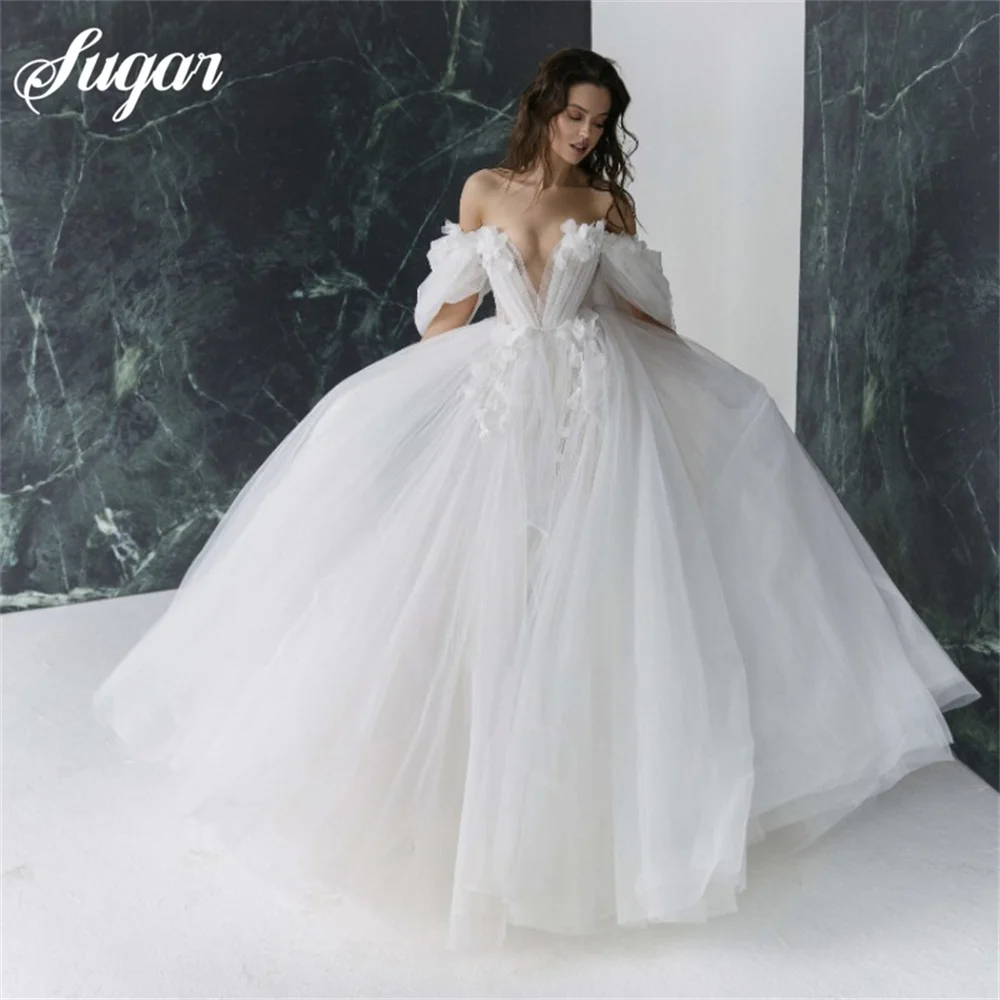 Princess Wedding Dress Off Shoulder 3D Flowers Puffy Sleeves Boho Wedding Gown Side Split White Ivory Bride Dress vestido novia