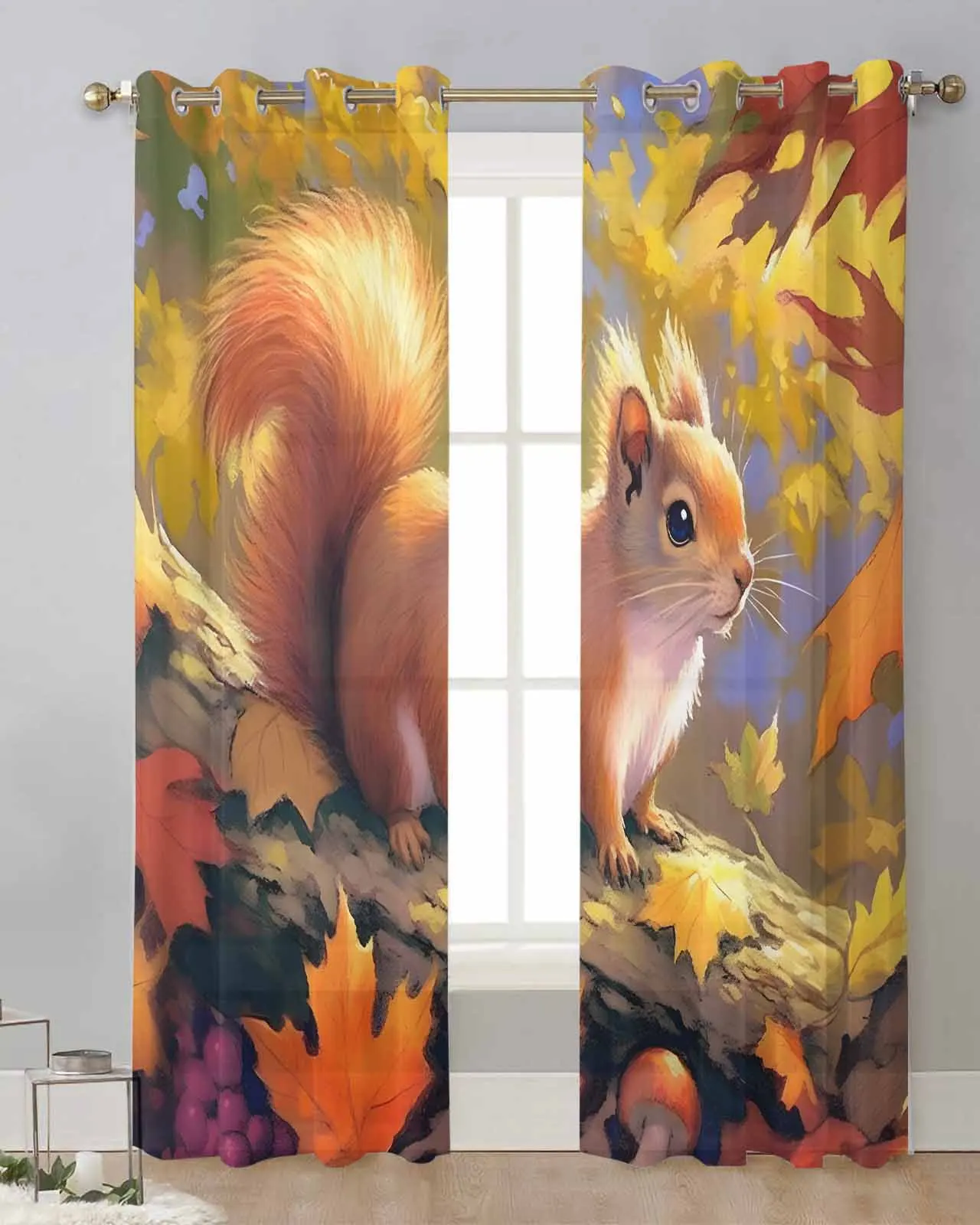 Forest Squirrel Maple Leaf Mushroom Bedroom Voile Curtain Window Treatment Drapes Tulle Curtains for Living Room Sheer Curtains