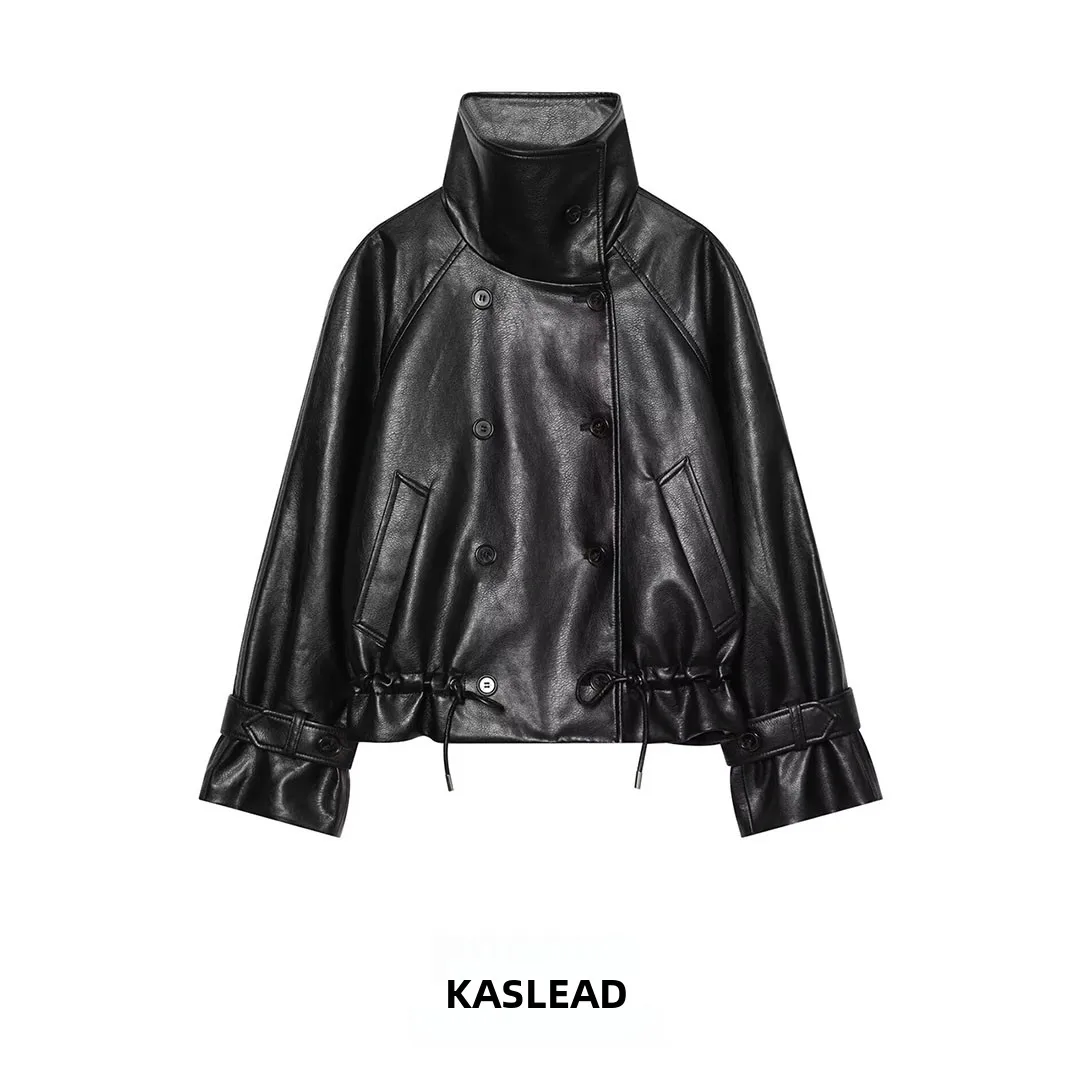 KASLEAD New Women's High-End Feelings Chimney Collar Coated Jacket Short Length Double Breasted Long Sleeve Polyester Fiber