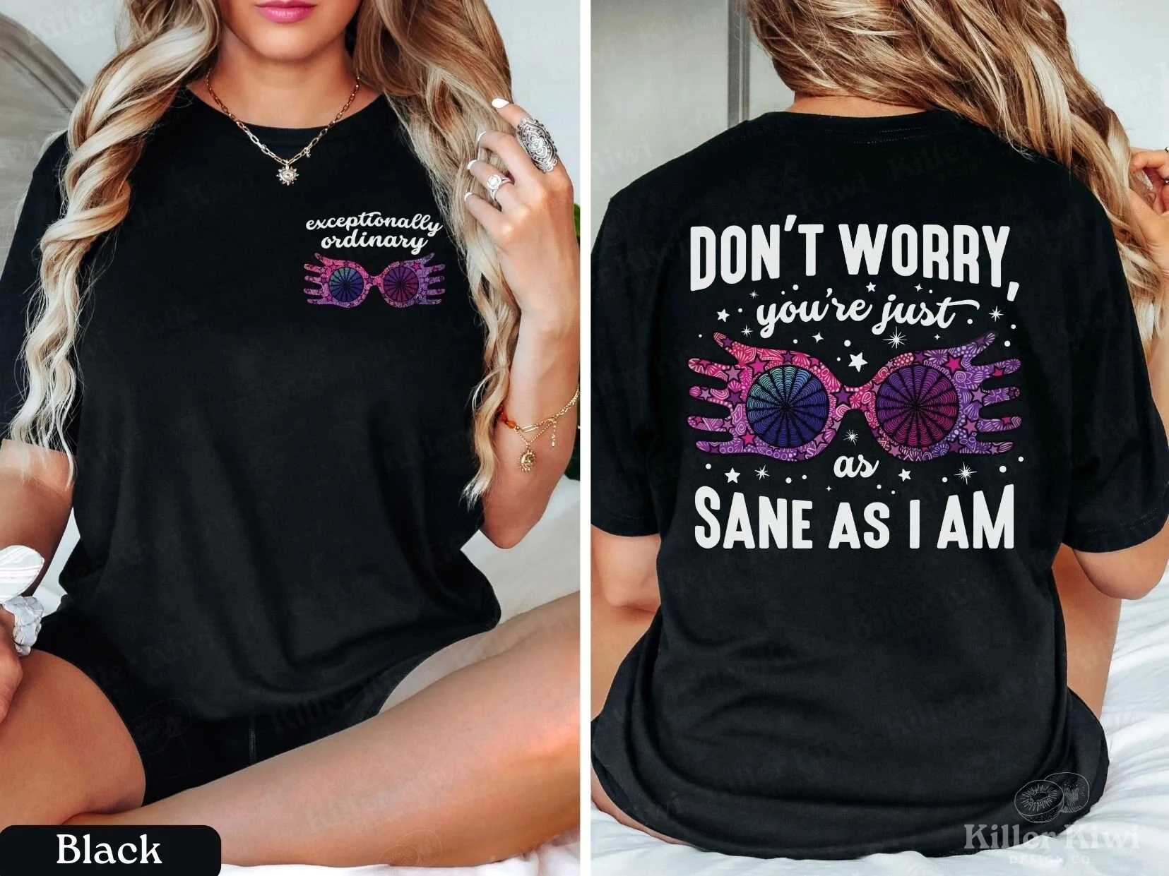 Do Not Worry You Are Just As Sane As I Am Slogan Women T-shirt Vintage Cartoon Magic Glasses Back Print Female Casual Shirt