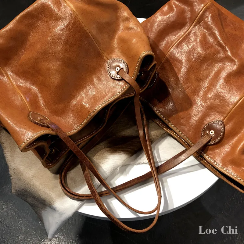 Thick vegetable tanned cowhide shoulder bag women retro leather handbag large capacity tote bag ladies shopping bags