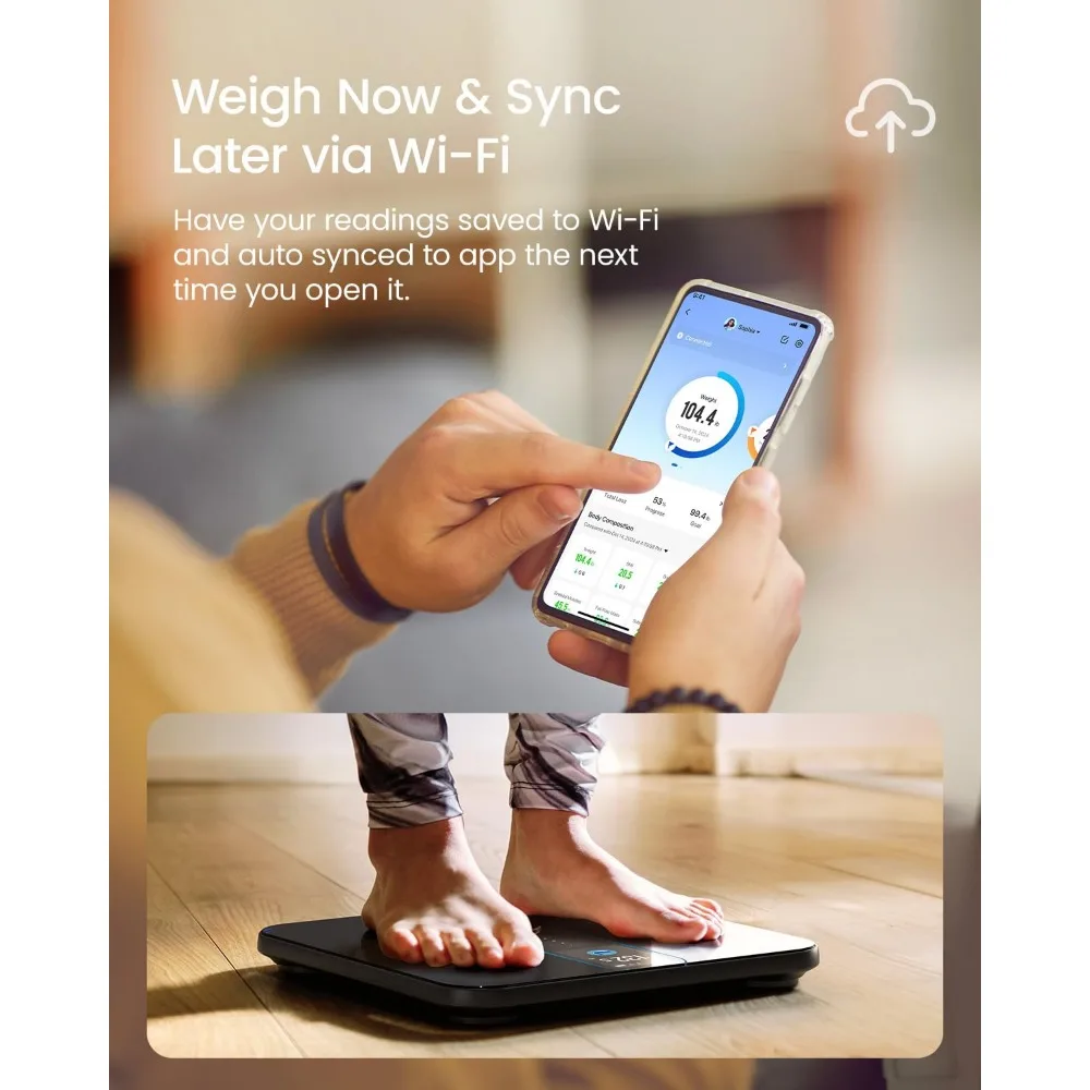 ميزان ذكي للجسم مع شاشة ملونة، واي فاي وبلوتوث، 18 مترًا صحيًا، قابل لإعادة الشحن