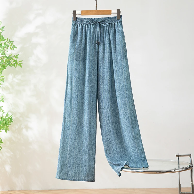 

Женские брюки из 100% тутового шелка 16, креповый шелк, светло-голубые широкие длинные брюки с принтом, эластичная талия с карманами QQ025