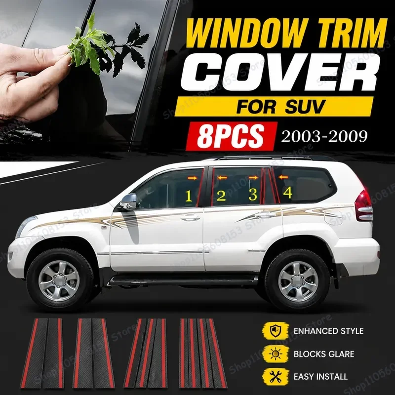 

For Toyota Land Cruiser Prado FJ120 2003–2009 Door Window Trim Protector Middle Pillar Cover Decorative Black PC Strip