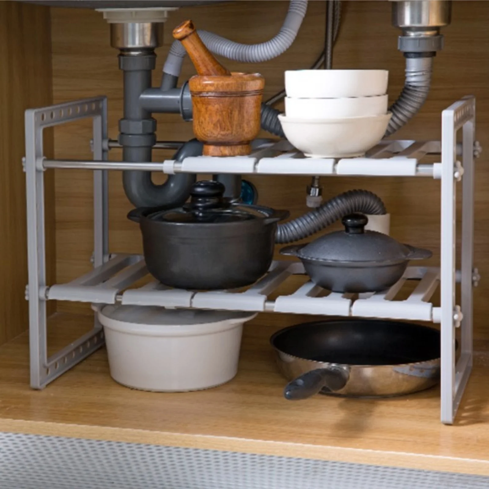 Unter der Spüle, Aufbewahrungsregal, erweiterbarer Halter, Organizer für Küche, Badezimmer, Schlafzimmer, Wohnzimmer, verstellbare Länge – Detail 1