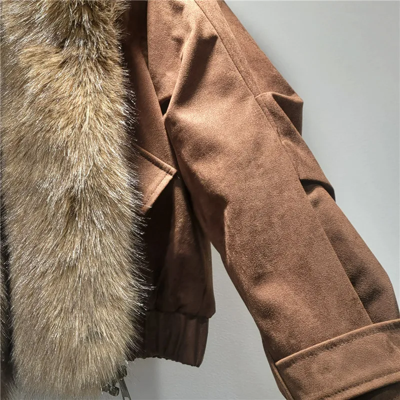 Winter New Thickened Warm Suede Coat For Women's Short Motorcycle Jacket Leather Faux Fur Integrated Shearling Parka Outerwear