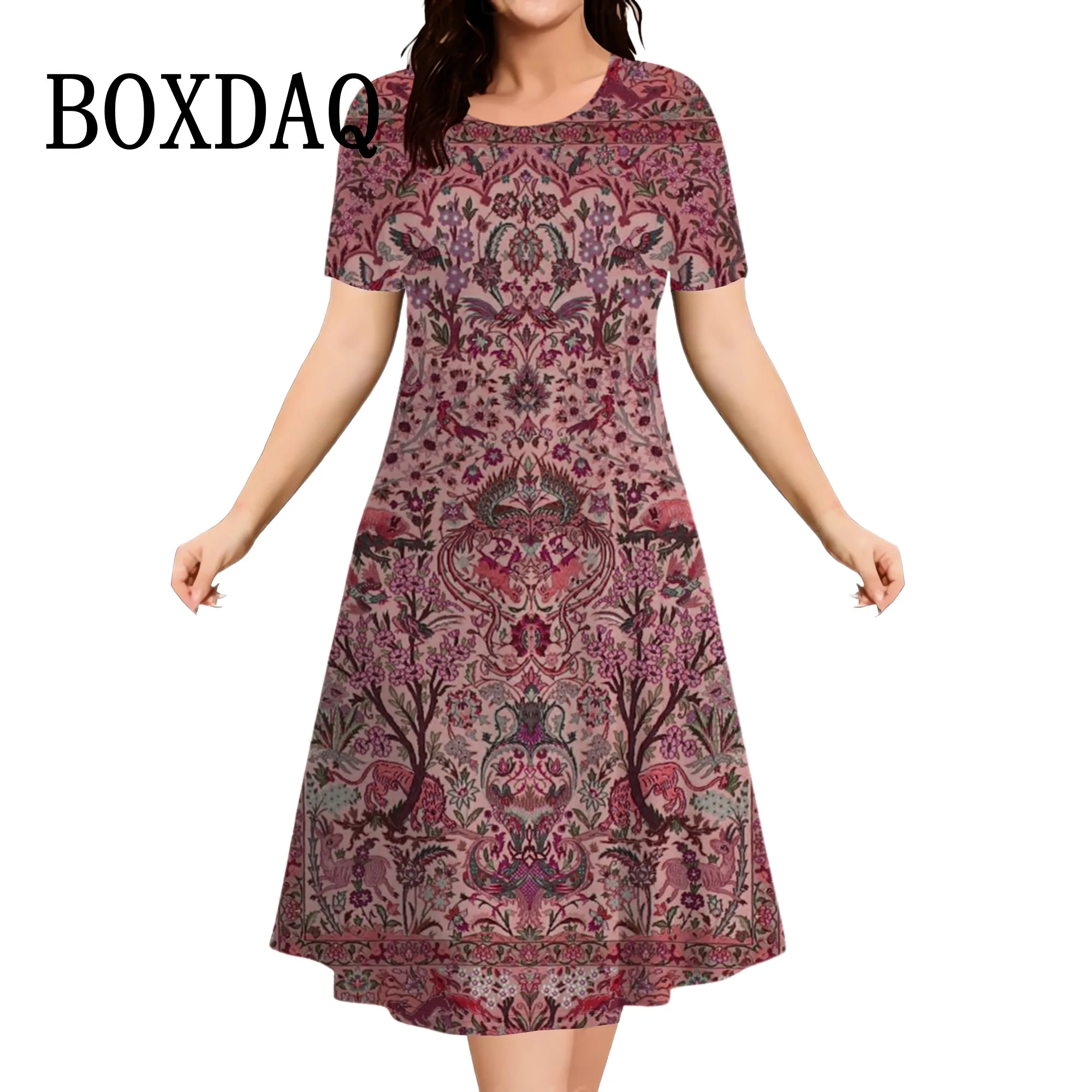 Dresses For Women Summer Ethnic Style Short Sleeve O-Neck Women Dress Fashion Print Dress Casual Retro Loose Plus Size Clothing