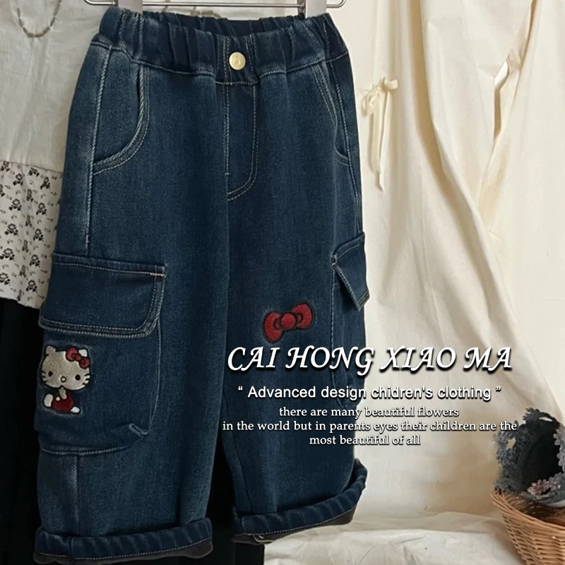 

Sanrio Hello Kitty Y2K Denim Clothes Child Jeans Fashion Wide Leg Pants Streetwear Vintage Trousers Anime Straight Cargo Pants