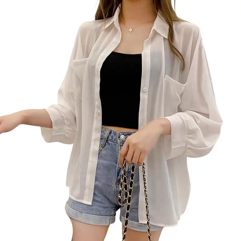 【SSummer10】Women Fashion Solid Color Long Sleeve Chiffon Blouse Summer Thin Breathable Sun Protection Shirt【SS】