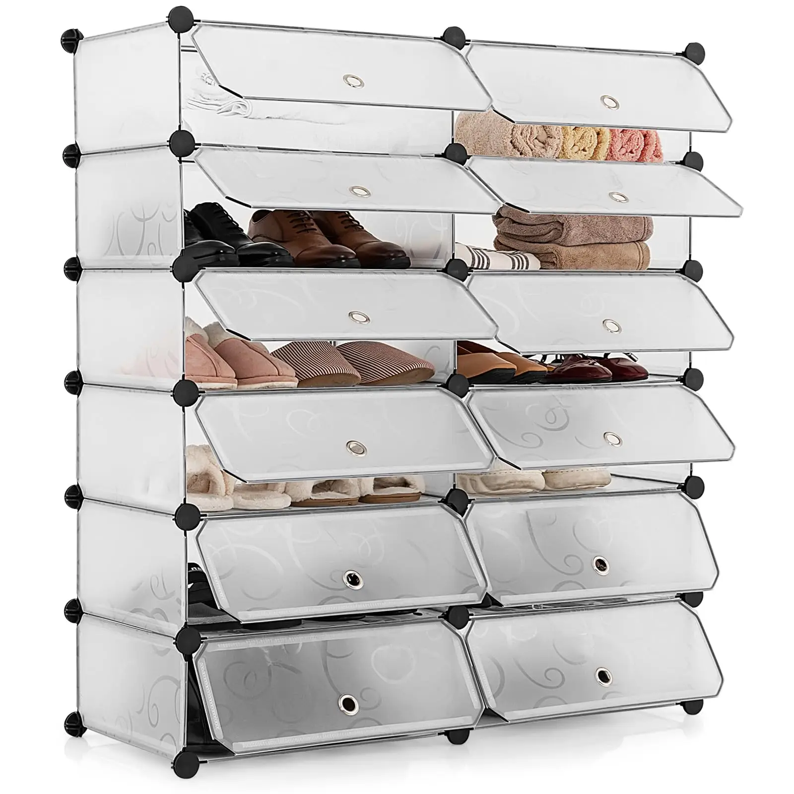

Modular 12-Cube Transparent Door Shoe Organizer Cabinet, 6-Tier Portable Plastic Storage Shelf For Up To 24 Pairs, White