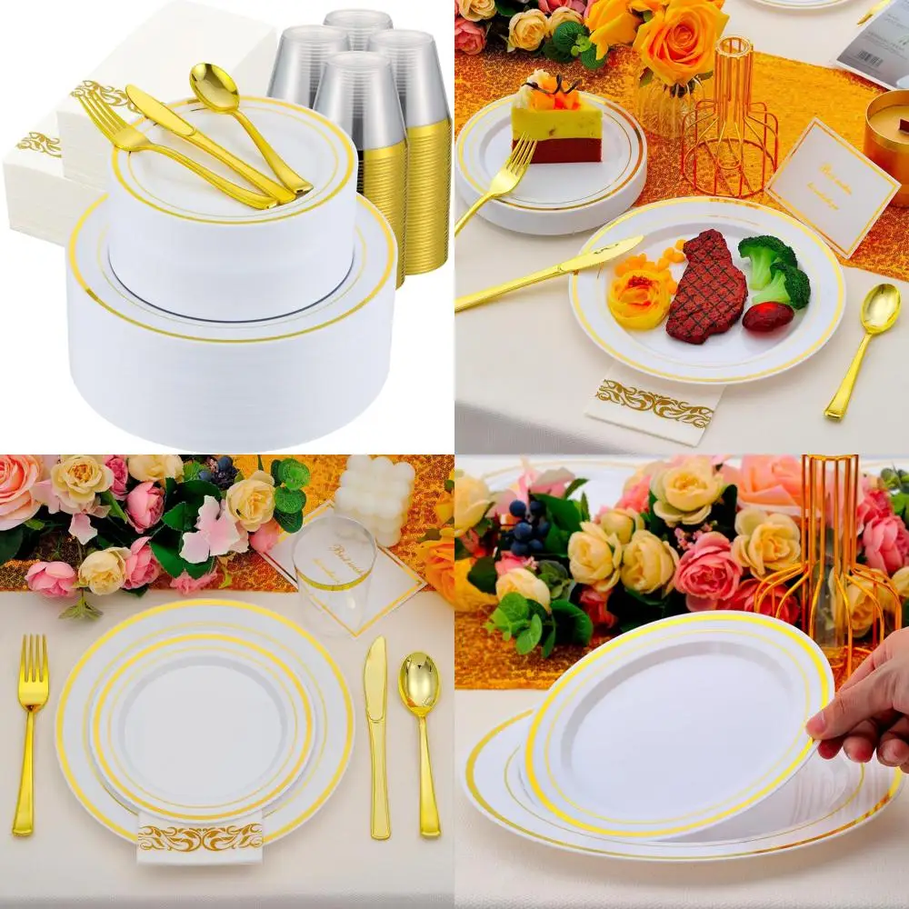 

Золотой набор одноразовой посуды на 100 гостей: 100 обеденных тарелок, 100 десертных тарелок, всего 200 белого и золотого цвета.