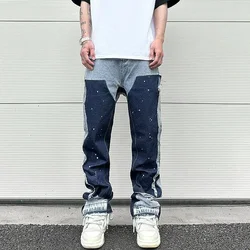 Stitching ink splashed jeans men's couple European and American trendy brand fried street American fashion micro flared pants