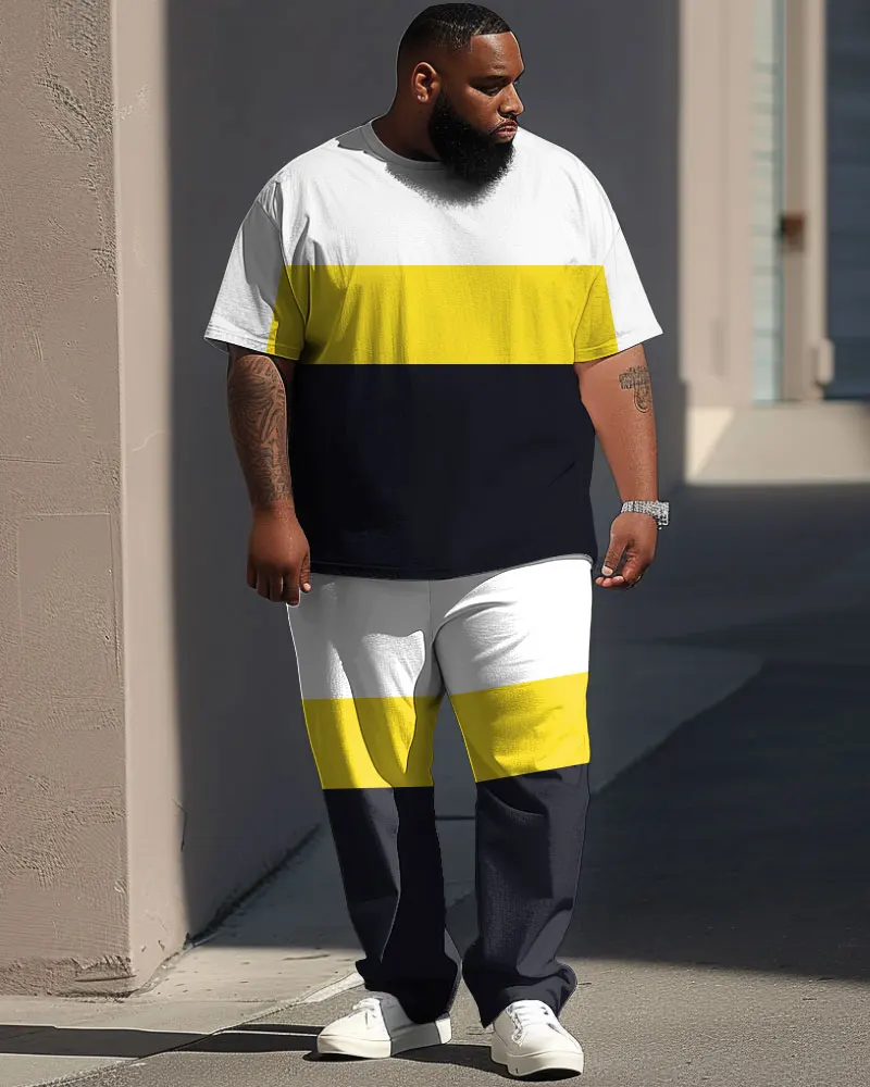 Biggmans L-9XL Plus Size T-Shirt Set Street Simple Color Block Printing Large Man Suit