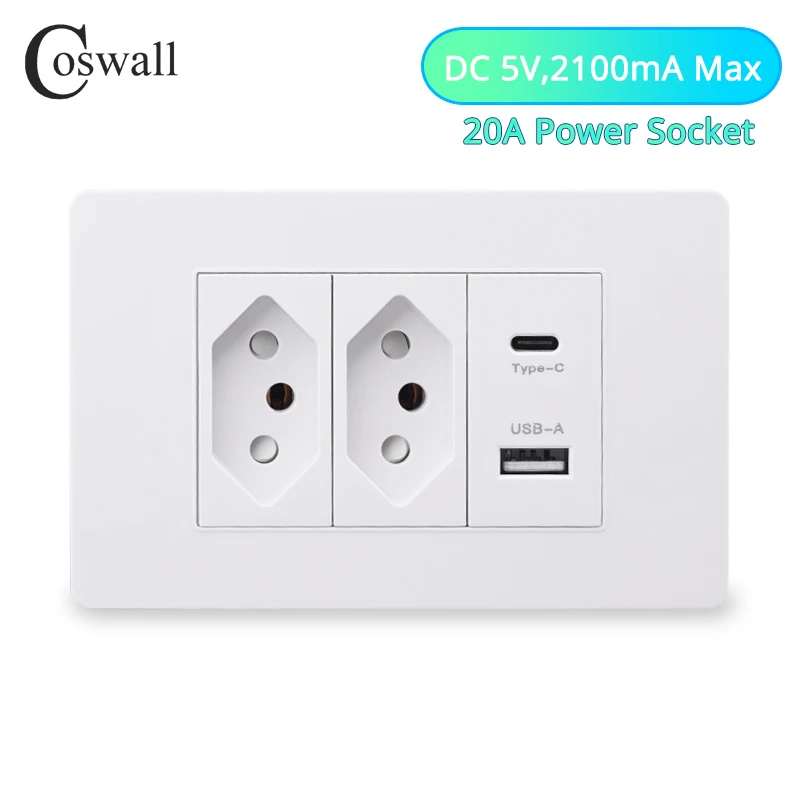 Coswall 118*72mm weiß PC-Panel Brasilien Standard 20a Wand steckdose pd 3.0 20w Typ-C Dual-USB-Schnell lades teckdose