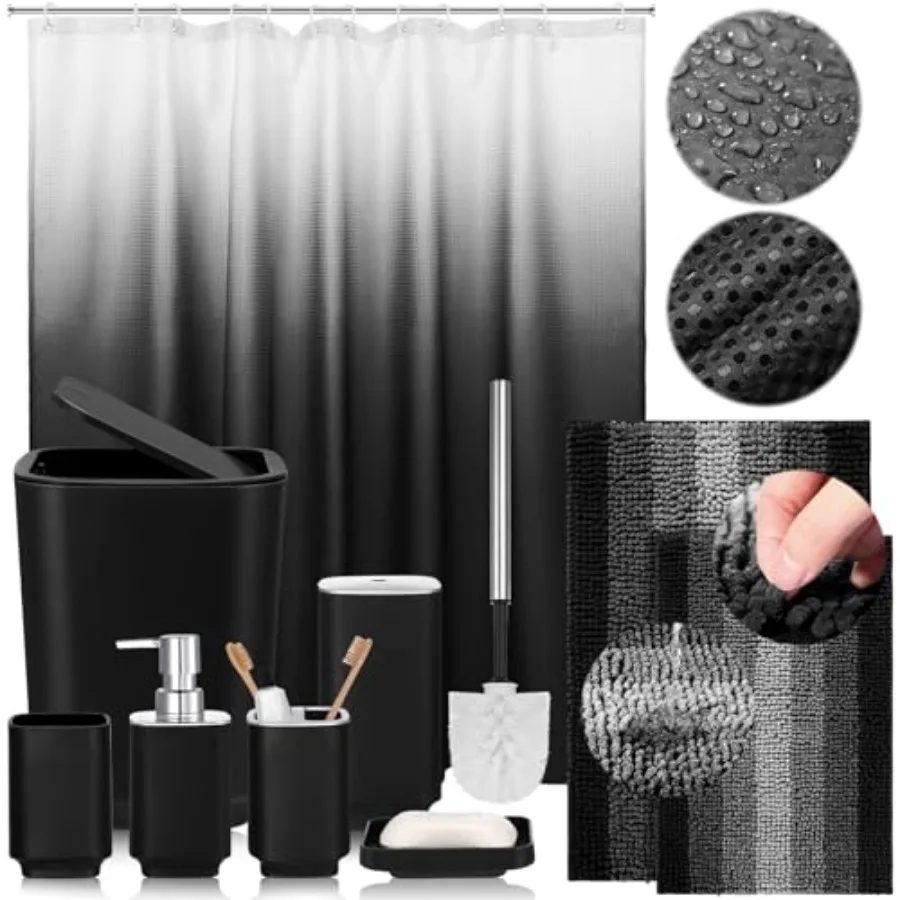 

9 Pcs Black Ombre Bathroom Accessory Set Shower Curtain 2 Pcs Non Slip Bathroom Rugs Toilet Brush Trash Can Soap Dispenser Soap