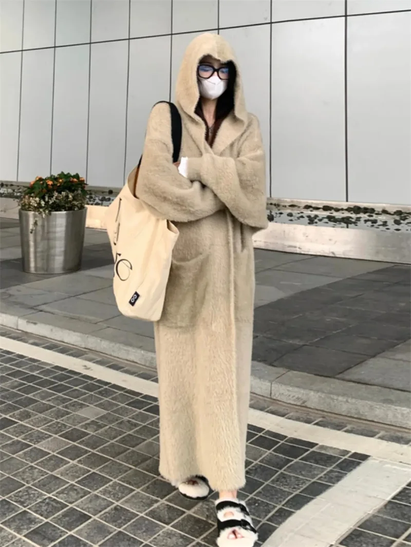 High end Loose and Lazy Style Hooded Imitation Mink fur 2024 Autumn and Winter Coat Design Niche Long Knitted Cardigan for Women