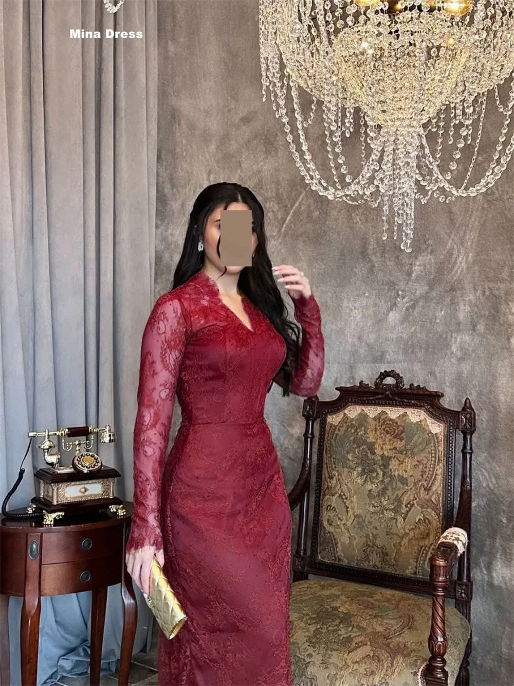Mina Customized Wine Red Luxury Party Dress Lace Embroidered Long Sleeves Luxurious Evening Dresses for Special Occasions V-neck