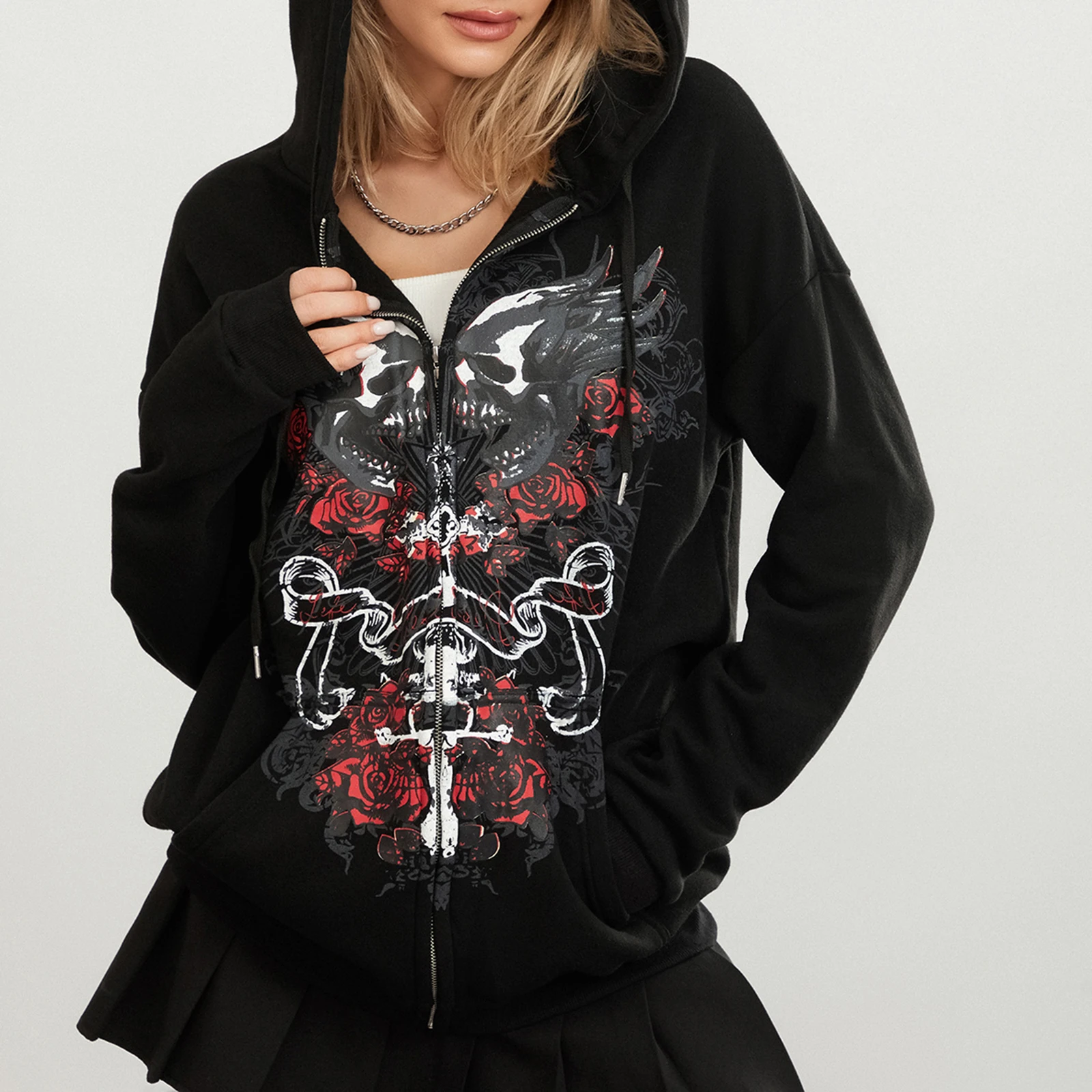 

Women Vintage Graphic Print Zip Up Hoodie Indie Aesthetic Grunge Baggy Sweatshirt Korean Harajuku Goth Mall Emo Jacket