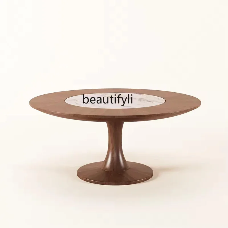 

Round solid wood dining table Walnut high-end sense retro inlaid marble turntable dining table53