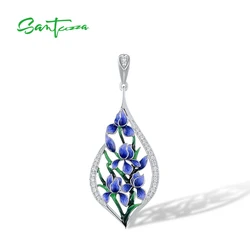 SANTUZZA Genuine 925 Sterling Silver Pendant For Women Sparkling White CZ Enamel Blue Flower Delicate Wedding Fine Jewelry