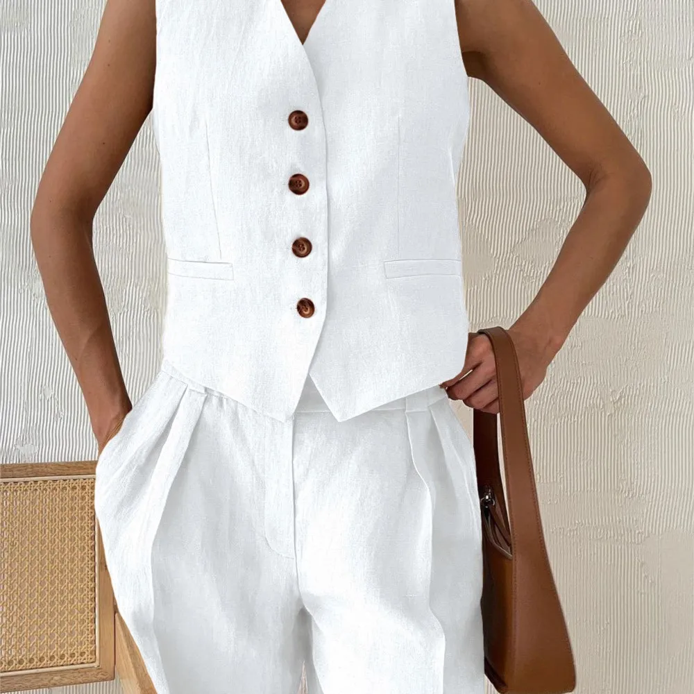 Damskie komplety spodniowe na wiosnę i jesień, jednolite kolory, luźny krój, codzienne, modne komplety spodniowe, topy na szelkach, zapinane na jeden guzik, bluzki i spodnie, dwuczęściowy zestaw.