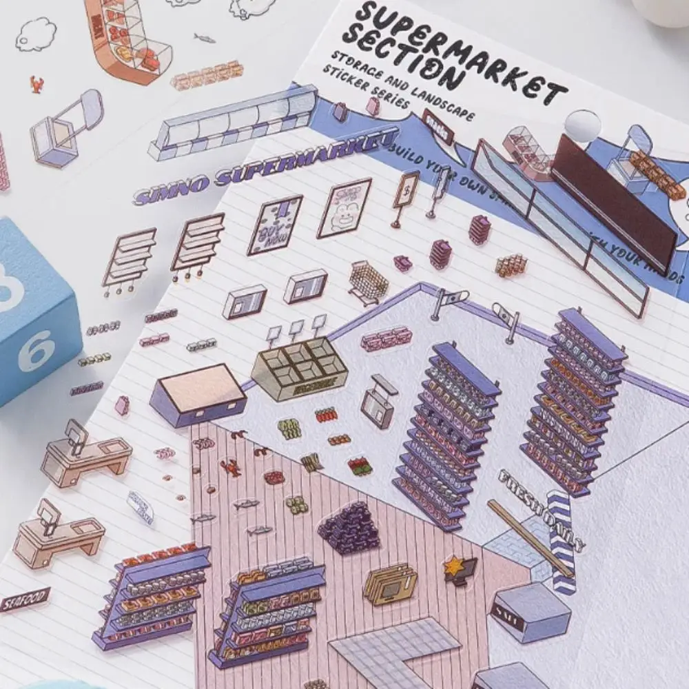 Armazenamento paisagem série 3d adesivo papel diy multi-funcional tridimensional adesivo supermercado 4 em 1